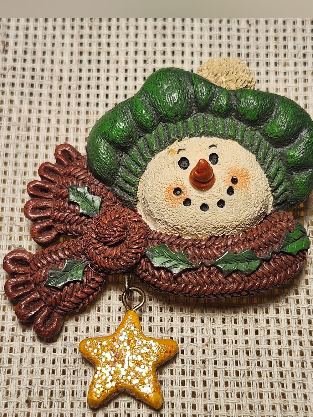 Festive Snowman Brooch in Green and Brown with Gold Star Charm